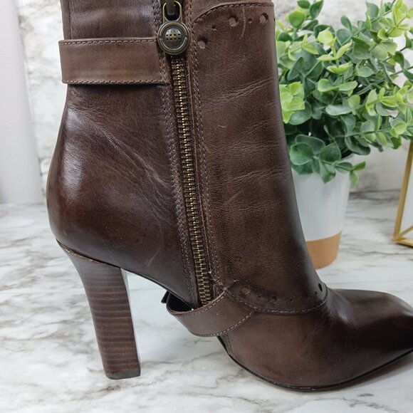 Leon Max Leather Bootie Stacked Heel Dark Brown women's size 7.5 - Picture 7 of 10